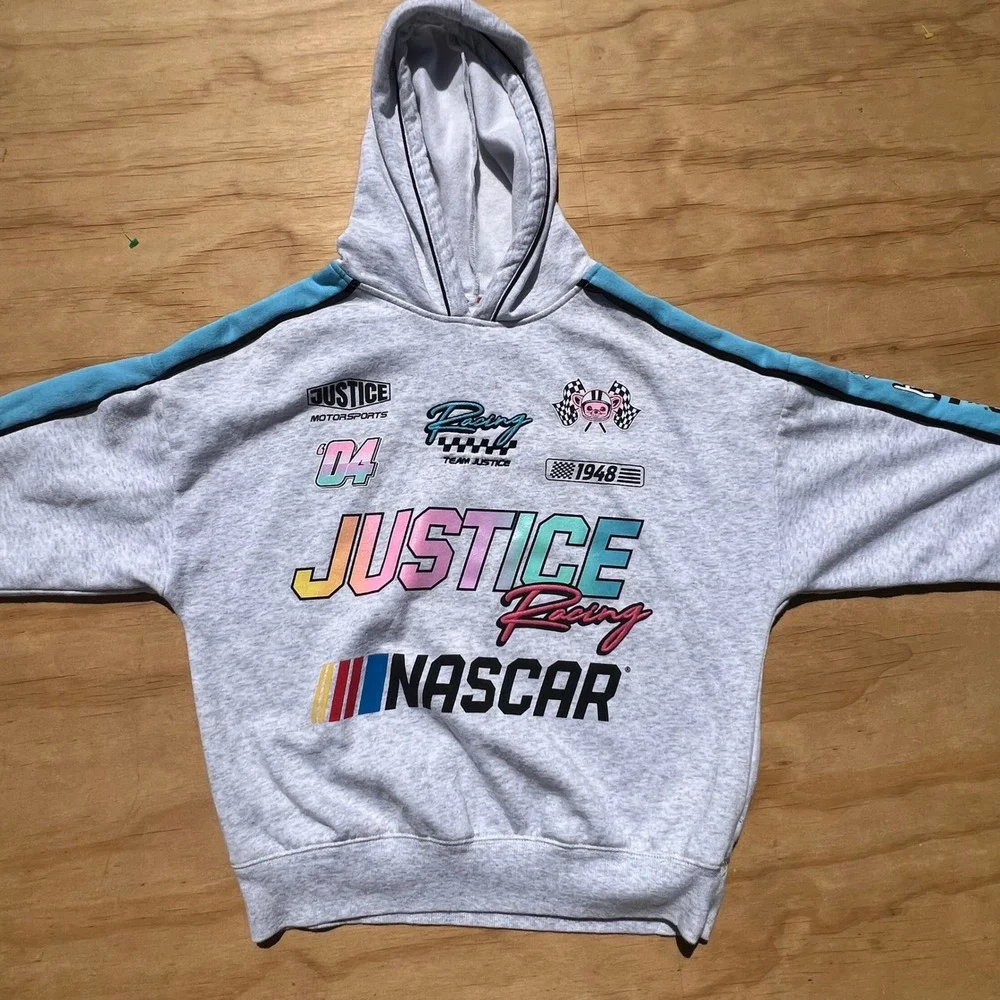 NASCAR x Justice Girls Gray Racing Graphic Hoodie Sweatshirt Size M 10 Pullover